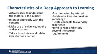 Characteristics of a Deep Approach to Learning
• Actively seek to understand
the material / the subject
• Interact vigorou...