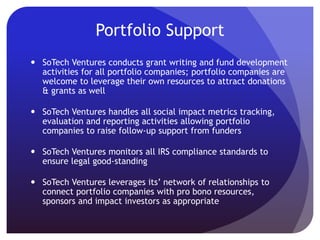Our Process For Public Corporations
• Acquire business/digital
assets from distressed or
newly developed product
lines via donation
• Immediately license assets
back to the corporation in
exchange for stock
Acquisition
• Re-engineer the product
line to generate SROI and
attract philanthropic
capital
• Secure capital to launch or
re-launch the product line
via grants & donations
Investment • Market the
socially/environmentally
impactful product line to
consumers and investors to
highlight an authentic
commitment to CSR
Value-Add
 