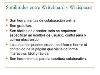 Similitudes entre Writeboard y Wikispaces
 Son herramientas de colaboración online.
 Son gratuitas.
 Son fáciles de acceder; solo se requieren
especificar un nombre de usuario, contraseña y
correo electrónico.
 Los usuarios pueden crear, modificar o borrar el
contenido de la página que visita de forma
interactiva, fácil y rápida.
 Son herramientas para la escritura colaborativa.
 
