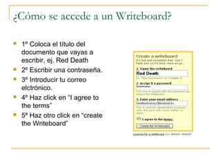 ¿Cómo se accede a un Writeboard?
 1º Coloca el título del
documento que vayas a
escribir, ej. Red Death
 2º Escribir una contraseña.
 3º Introducir tu correo
elctrónico.
 4º Haz click en “I agree to
the terms”
 5º Haz otro click en “create
the Writeboard”
 