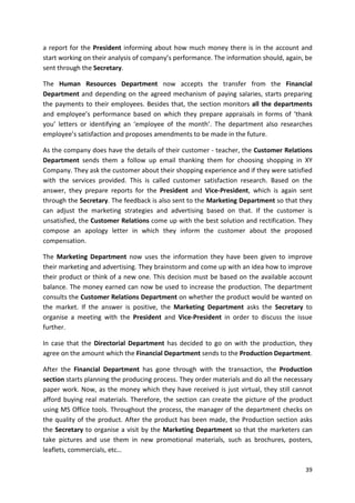 a report for the President informing about how much money there is in the account and 
start working on their analysis of company’s performance. The information should, again, be 
sent through the Secretary. 
The Human Resources Department now accepts the transfer from the Financial 
Department and depending on the agreed mechanism of paying salaries, starts preparing 
the payments to their employees. Besides that, the section monitors all the departments 
and employee’s performance based on which they prepare appraisals in forms of ‘thank 
you’ letters or identifying an ‘employee of the month’. The department also researches 
employee’s satisfaction and proposes amendments to be made in the future. 
As the company does have the details of their customer - teacher, the Customer Relations 
Department sends them a follow up email thanking them for choosing shopping in XY 
Company. They ask the customer about their shopping experience and if they were satisfied 
with the services provided. This is called customer satisfaction research. Based on the 
answer, they prepare reports for the President and Vice-President, which is again sent 
through the Secretary. The feedback is also sent to the Marketing Department so that they 
can adjust the marketing strategies and advertising based on that. If the customer is 
unsatisfied, the Customer Relations come up with the best solution and rectification. They 
compose an apology letter in which they inform the customer about the proposed 
compensation. 
The Marketing Department now uses the information they have been given to improve 
their marketing and advertising. They brainstorm and come up with an idea how to improve 
their product or think of a new one. This decision must be based on the available account 
balance. The money earned can now be used to increase the production. The department 
consults the Customer Relations Department on whether the product would be wanted on 
the market. If the answer is positive, the Marketing Department asks the Secretary to 
organise a meeting with the President and Vice-President in order to discuss the issue 
further. 
In case that the Directorial Department has decided to go on with the production, they 
agree on the amount which the Financial Department sends to the Production Department. 
After the Financial Department has gone through with the transaction, the Production 
section starts planning the producing process. They order materials and do all the necessary 
paper work. Now, as the money which they have received is just virtual, they still cannot 
afford buying real materials. Therefore, the section can create the picture of the product 
using MS Office tools. Throughout the process, the manager of the department checks on 
the quality of the product. After the product has been made, the Production section asks 
the Secretary to organise a visit by the Marketing Department so that the marketers can 
take pictures and use them in new promotional materials, such as brochures, posters, 
leaflets, commercials, etc… 
39 
 