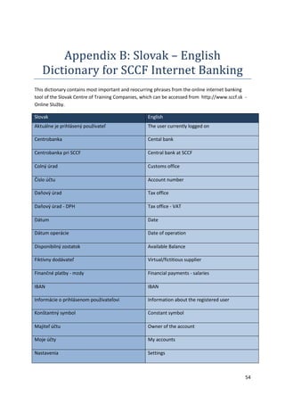 54 
Appendix B: Slovak – English 
Dictionary for SCCF Internet Banking 
This dictionary contains most important and reocurring phrases from the online internet banking 
tool of the Slovak Centre of Training Companies, which can be accessed from http://www.sccf.sk - 
Online Služby. 
Slovak English 
Aktuálne je prihlásený používateľ The user currently logged on 
Centrobanka Cental bank 
Centrobanka pri SCCF Central bank at SCCF 
Colný úrad Customs office 
Číslo účtu Account number 
Daňový úrad Tax office 
Daňový úrad - DPH Tax office - VAT 
Dátum Date 
Dátum operácie Date of operation 
Disponibilný zostatok Available Balance 
Fiktívny dodávateľ Virtual/fictitious supplier 
Finančné platby - mzdy Financial payments - salaries 
IBAN IBAN 
Informácie o prihlásenom používateľovi Information about the registered user 
Konštantný symbol Constant symbol 
Majiteľ účtu Owner of the account 
Moje účty My accounts 
Nastavenia Settings 
 