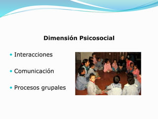 Dimensión Psicosocial
 Interacciones
 Comunicación
 Procesos grupales
 