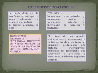 Se puede decir que la
enseñanza del arte aparece
como obligatoria en
primaria y secundaria.
El tiempo destinado es
poco
EVALUACION:
Puntuaciones estandarizadas y
evaluaciones masivas y
homogéneas, quitando la
oportunidad de expresión y
creatividad.
ENCUENTROS Y DESENCUENTROS
TRANSFORMAR
SITUACIONES Y
EXPERIENCIAS EDUCATIVAS
EN NUEVAS MANERAS DE
CONOCER Y RELACIONARSE
CON EL CONOCIMIENTO
ARTÍSTICO.
El ritmo de los cambios
socioculturales y epistemológicos
va transformando el contexto del
individuo, produciendo una
profunda incertidumbre,
momentos de desconcierto que
inmovilizan a profesores y
estudiantes impidiendo respuestas
creativas.
 