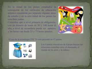 En la mitad de los países estudiados la
concepción de los currículos de educación
artística consideran por separado algunas áreas
de estudio y en la otra mitad de los países las
conciben juntas.
Coinciden que a nivel primaria es obligatorio,
con un numero de horas de 50 y 100 horas al
año, a nivel de secundaria puede ser optativo
y las horas van desde 25 y 75 horas anuales.
El uso de la tecnología (TIC’S) esta presente en 12 países.
Los Centros educativos de Europa buscan las
relaciones estrechas entre el alumnado, el
mundo de las artes y la cultura.
 