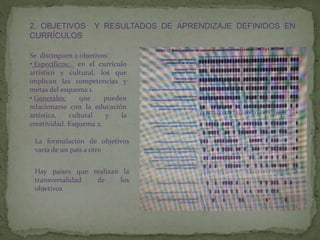 Se distinguen 2 objetivos:
• Específicos: en el currículo
artístico y cultural, los que
implican las competencias y
metas del esquema 1.
• Generales: que pueden
relacionarse con la educación
artística, cultural y la
creatividad. Esquema 2.
2. OBJETIVOS Y RESULTADOS DE APRENDIZAJE DEFINIDOS EN
CURRÍCULOS
La formulación de objetivos
varia de un país a otro
Hay países que realizan la
transversalidad de los
objetivos
 