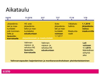 Aikataulu
Valinnan-
vapaus- ja
rahoitus-HE
lausunto-
kierrokselle
Valinnan-
vapaus- ja
rahoitus-HE
eduskuntaan
Lait
voimaan
1.1.2019.
Mahdollinen
siirtymä-
aika
Järjestämis-
laki ja maa-
kuntalaki
julki kommen-
teille ja
lausunto-
kierrokselle
HE sote-
järjestämis-
laiksi ja maa-
kuntalaiksi
eduskuntaan
Sote-
järjestämis-
laki ja maa-
kuntalaki
voimaan
1.7.2017
Väliaikais-
hallinto
Maakunta-
vaalit
1.1.2019
järjestämis-
vastuu
maakunnille
6-8/16 11-12/16 2/17 7/17 17-18 1/19
Järjestämislaki ja maakuntalaki
Valinnanvapauden laajentaminen ja monikanavarahoituksen yksinkertaistaminen
 