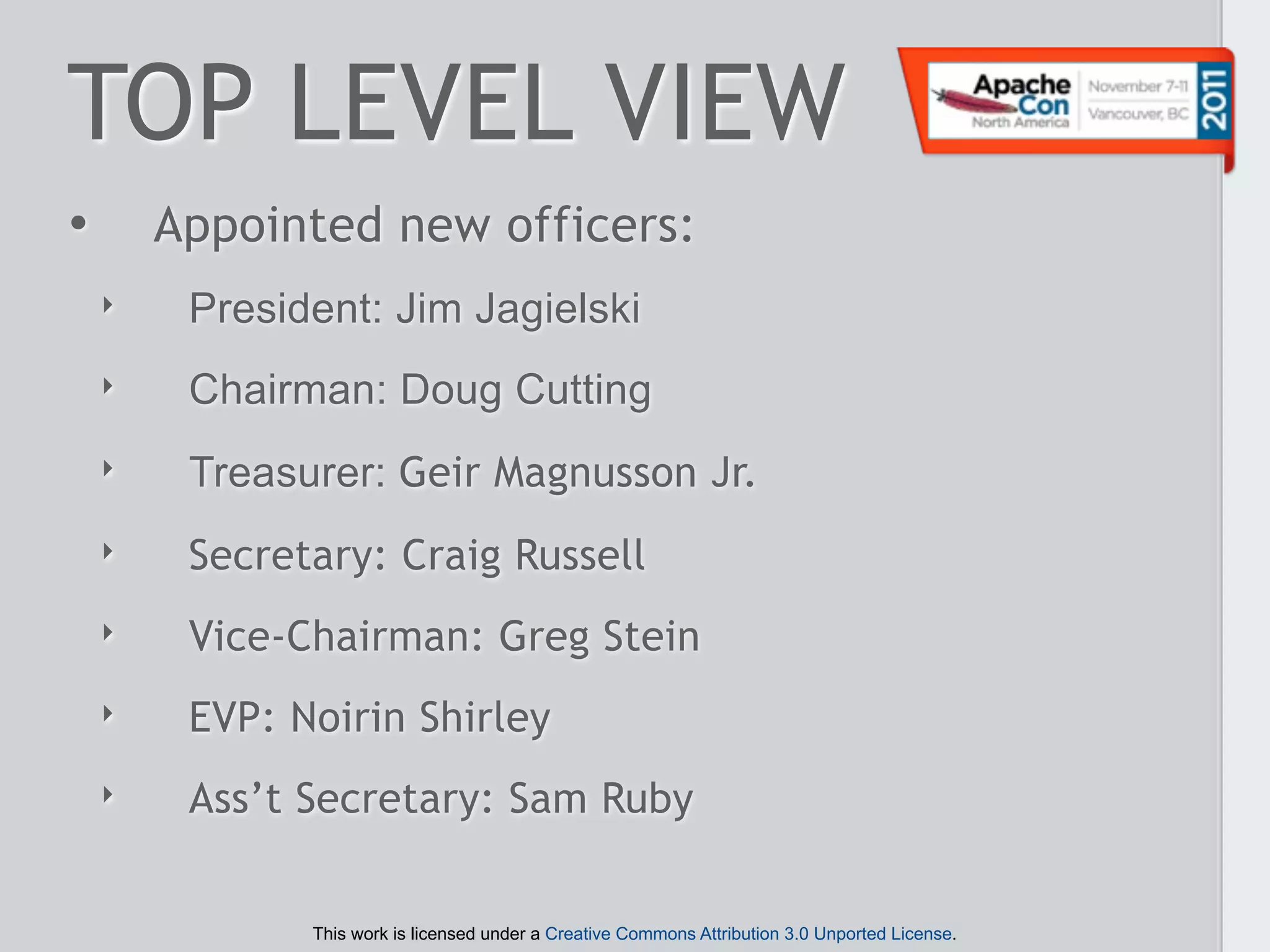 TOP LEVEL VIEW
•       Appointed new officers:
    ‣    President: Jim Jagielski
    ‣    Chairman: Doug Cutting
    ‣    Treasurer: Geir Magnusson Jr.
    ‣    Secretary: Craig Russell
    ‣    Vice-Chairman: Greg Stein
    ‣    EVP: Noirin Shirley
    ‣    Ass’t Secretary: Sam Ruby


               This work is licensed under a Creative Commons Attribution 3.0 Unported License.
 