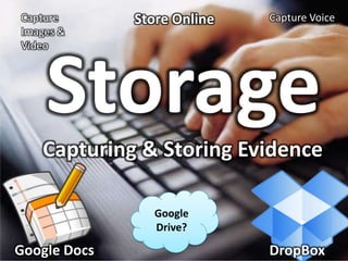Capture       Store Online   Capture Voice
Images &
Video




    Storage
   Capturing & Storing Evidence

                 Google
                 Drive?

Google Docs                  DropBox
 