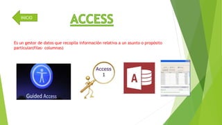 INICIO 
Es un gestor de datos que recopila información relativa a un asunto o propósito 
particular(filas- columnas) 
 