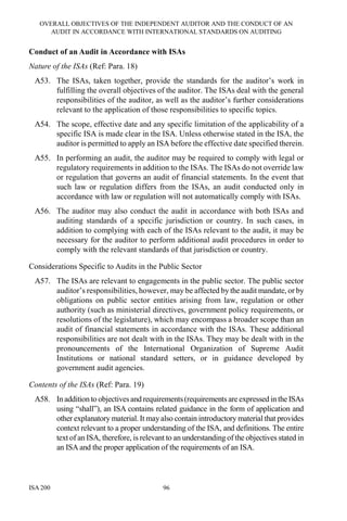 OVERALL OBJECTIVES OF THE INDEPENDENT AUDITOR AND THE CONDUCT OF AN
AUDIT IN ACCORDANCE WITH INTERNATIONAL STANDARDS ON AUDITING
ISA 200 96
Conduct of an Audit in Accordance with ISAs
Nature of the ISAs (Ref: Para. 18)
A53. The ISAs, taken together, provide the standards for the auditor’s work in
fulfilling the overall objectives of the auditor. The ISAs deal with the general
responsibilities of the auditor, as well as the auditor’s further considerations
relevant to the application of those responsibilities to specific topics.
A54. The scope, effective date and any specific limitation of the applicability of a
specific ISA is made clear in the ISA. Unless otherwise stated in the ISA, the
auditor is permitted to apply an ISA before the effective date specified therein.
A55. In performing an audit, the auditor may be required to comply with legal or
regulatory requirements in addition to the ISAs. The ISAs do not override law
or regulation that governs an audit of financial statements. In the event that
such law or regulation differs from the ISAs, an audit conducted only in
accordance with law or regulation will not automatically comply with ISAs.
A56. The auditor may also conduct the audit in accordance with both ISAs and
auditing standards of a specific jurisdiction or country. In such cases, in
addition to complying with each of the ISAs relevant to the audit, it may be
necessary for the auditor to perform additional audit procedures in order to
comply with the relevant standards of that jurisdiction or country.
Considerations Specific to Audits in the Public Sector
A57. The ISAs are relevant to engagements in the public sector. The public sector
auditor’s responsibilities, however, may be affected by the audit mandate, or by
obligations on public sector entities arising from law, regulation or other
authority (such as ministerial directives, government policy requirements, or
resolutions of the legislature), which may encompass a broader scope than an
audit of financial statements in accordance with the ISAs. These additional
responsibilities are not dealt with in the ISAs. They may be dealt with in the
pronouncements of the International Organization of Supreme Audit
Institutions or national standard setters, or in guidance developed by
government audit agencies.
Contents of the ISAs (Ref: Para. 19)
A58. In addition to objectivesand requirements(requirements are expressed in the ISAs
using “shall”), an ISA contains related guidance in the form of application and
other explanatory material. It may also contain introductory material that provides
context relevant to a proper understanding of the ISA, and definitions. The entire
text of an ISA, therefore, is relevant to an understanding of the objectives stated in
an ISA and the proper application of the requirements of an ISA.
 