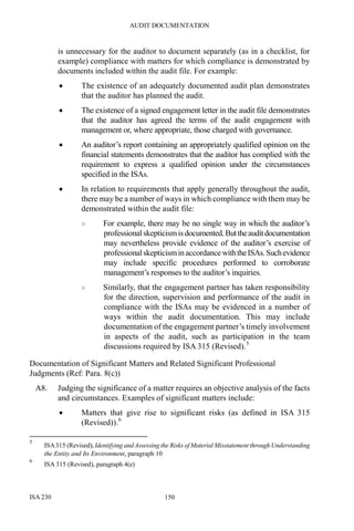 AUDIT DOCUMENTATION
ISA 230 150
is unnecessary for the auditor to document separately (as in a checklist, for
example) compliance with matters for which compliance is demonstrated by
documents included within the audit file. For example:
• The existence of an adequately documented audit plan demonstrates
that the auditor has planned the audit.
• The existence of a signed engagement letter in the audit file demonstrates
that the auditor has agreed the terms of the audit engagement with
management or, where appropriate, those charged with governance.
• An auditor’s report containing an appropriately qualified opinion on the
financial statements demonstrates that the auditor has complied with the
requirement to express a qualified opinion under the circumstances
specified in the ISAs.
• In relation to requirements that apply generally throughout the audit,
there may be a number of ways in which compliance with them may be
demonstrated within the audit file:
○ For example, there may be no single way in which the auditor’s
professional skepticismis documented.Buttheauditdocumentation
may nevertheless provide evidence of the auditor’s exercise of
professional skepticismin accordance withtheISAs.Suchevidence
may include specific procedures performed to corroborate
management’s responses to the auditor’s inquiries.
○ Similarly, that the engagement partner has taken responsibility
for the direction, supervision and performance of the audit in
compliance with the ISAs may be evidenced in a number of
ways within the audit documentation. This may include
documentation of the engagement partner’s timely involvement
in aspects of the audit, such as participation in the team
discussions required by ISA 315 (Revised).5
Documentation of Significant Matters and Related Significant Professional
Judgments (Ref: Para. 8(c))
A8. Judging the significance of a matter requires an objective analysis of the facts
and circumstances. Examples of significant matters include:
• Matters that give rise to significant risks (as defined in ISA 315
(Revised)).6
5
ISA315 (Revised), Identifying and Assessing the Risks of Material Misstatement through Understanding
the Entity and Its Environment, paragraph 10
6
ISA 315 (Revised), paragraph 4(e)
 