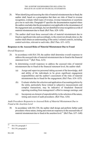 THE AUDITOR’S RESPONSIBILITIES RELATING TO
FRAUD IN AN AUDIT OF FINANCIAL STATEMENTS
ISA 240 164
26. When identifying and assessing therisks ofmaterial misstatement due to fraud,the
auditor shall, based on a presumption that there are risks of fraud in revenue
recognition, evaluate which types of revenue, revenue transactions or assertions
give rise to such risks. Paragraph 47 specifies the documentation required where
the auditorconcludes that thepresumption is notapplicable in thecircumstancesof
the engagement and, accordingly, has not identified revenuerecognitionasariskof
material misstatement due to fraud. (Ref: Para. A28–A30)
27. The auditor shall treat those assessed risks of material misstatement due to
fraud as significant risks and accordingly, to the extent not already done so, the
auditor shall obtain an understanding of the entity’s related controls, including
control activities, relevant to such risks. (Ref: Para. A31–A32)
Responses to the Assessed Risks of Material Misstatement Due to Fraud
Overall Responses
28. In accordance with ISA 330, the auditor shall determine overall responses to
address the assessed risks of material misstatement due to fraud at the financial
statement level.10
(Ref: Para. A33)
29. In determining overall responses to address the assessed risks of material
misstatement due to fraud at the financial statement level, the auditor shall:
(a) Assign and supervise personnel taking account of the knowledge, skill
and ability of the individuals to be given significant engagement
responsibilities and the auditor’s assessment of the risks of material
misstatement due to fraud for the engagement; (Ref: Para. A34–A35)
(b) Evaluate whether the selection and application of accounting policies by
the entity, particularly those related to subjective measurements and
complex transactions, may be indicative of fraudulent financial
reporting resulting from management’s effort to manage earnings; and
(c) Incorporate an element of unpredictability in the selection of the nature,
timing and extent of audit procedures. (Ref: Para. A36)
Audit Procedures Responsive to Assessed Risks of Material Misstatement Due to
Fraud at the Assertion Level
30. In accordance with ISA 330, the auditor shall design and perform further audit
procedures whose nature, timing and extent are responsive to the assessed risks of
material misstatement due to fraud at the assertion level.11
(Ref: Para. A37–A40)
10
ISA 330, paragraph 5
11
ISA 330, paragraph 6
 