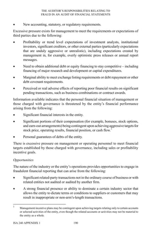 THE AUDITOR’S RESPONSIBILITIES RELATING TO
FRAUD IN AN AUDIT OF FINANCIAL STATEMENTS
ISA 240 APPENDIX 1 190
• New accounting, statutory, or regulatory requirements.
Excessive pressure exists for management to meet the requirements or expectations of
third parties due to the following:
• Profitability or trend level expectations of investment analysts, institutional
investors, significant creditors, or other external parties (particularly expectations
that are unduly aggressive or unrealistic), including expectations created by
management in, for example, overly optimistic press releases or annual report
messages.
• Need to obtain additional debt or equity financing to stay competitive – including
financing of major research and development or capital expenditures.
• Marginal ability to meet exchange listing requirements or debt repayment or other
debt covenant requirements.
• Perceived or real adverse effects of reporting poor financial results on significant
pending transactions, such as business combinations or contract awards.
Information available indicates that the personal financial situation of management or
those charged with governance is threatened by the entity’s financial performance
arising from the following:
• Significant financial interests in the entity.
• Significant portions of their compensation (for example, bonuses, stock options,
and earn-out arrangements) being contingent upon achievingaggressive targets for
stock price, operating results, financial position, or cash flow.1
• Personal guarantees of debts of the entity.
There is excessive pressure on management or operating personnel to meet financial
targets established by those charged with governance, including sales or profitability
incentive goals.
Opportunities
The nature of the industry or the entity’s operations provides opportunities to engage in
fraudulent financial reporting that can arise from the following:
• Significant related-party transactions not in the ordinary course of businessor with
related entities not audited or audited by another firm.
• A strong financial presence or ability to dominate a certain industry sector that
allows the entity to dictate terms or conditions to suppliers or customers that may
result in inappropriate or non-arm’s-length transactions.
1
Management incentive plans may be contingent upon achieving targets relating only to certain accounts
or selected activities of the entity, even though the related accounts or activities may not be material to
the entity as a whole.
 