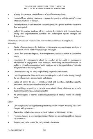 THE AUDITOR’S RESPONSIBILITIES RELATING TO
FRAUD IN AN AUDIT OF FINANCIAL STATEMENTS
ISA 240 APPENDIX 3 200
• Missing inventory or physical assets of significant magnitude.
• Unavailable or missing electronic evidence, inconsistent with the entity’s record
retention practices or policies.
• Fewer responses to confirmations than anticipated ora greater numberofresponses
than anticipated.
• Inability to produce evidence of key systems development and program change
testing and implementation activities for current-year system changes and
deployments.
Problematic or unusual relationships between the auditor and management,
including:
• Denial of access to records, facilities, certain employees, customers, vendors, or
others from whom audit evidence might be sought.
• Undue time pressures imposed by management to resolve complex or contentious
issues.
• Complaints by management about the conduct of the audit or management
intimidation of engagement team members, particularly in connection with the
auditor’s critical assessment of audit evidence or in the resolution of potential
disagreements with management.
• Unusual delays by the entity in providing requested information.
• Unwillingness to facilitate auditor access to key electronic files for testing through
the use of computer-assisted audit techniques.
• Denial of access to key IT operations staff and facilities, including security,
operations, and systems development personnel.
• An unwillingness to add or revise disclosures in the financial statements to make
them more complete and understandable.
• An unwillingness to address identified deficiencies in internal control on a timely
basis.
Other
• Unwillingness by management to permit the auditor to meet privately with those
charged with governance.
• Accounting policies that appear to be at variance with industry norms.
• Frequent changes in accounting estimates that do notappearto result fromchanged
circumstances.
• Tolerance of violations of the entity’s code of conduct.
 
