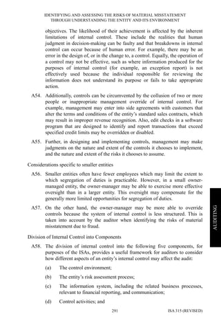 IDENTIFYING AND ASSESSING THE RISKS OF MATERIAL MISSTATEMENT
THROUGH UNDERSTANDING THE ENTITY AND ITS ENVIRONMENT
ISA 315 (REVISED)291
AUDITING
objectives. The likelihood of their achievement is affected by the inherent
limitations of internal control. These include the realities that human
judgment in decision-making can be faulty and that breakdowns in internal
control can occur because of human error. For example, there may be an
error in the design of, or in the change to, a control. Equally, the operation of
a control may not be effective, such as where information produced for the
purposes of internal control (for example, an exception report) is not
effectively used because the individual responsible for reviewing the
information does not understand its purpose or fails to take appropriate
action.
A54. Additionally, controls can be circumvented by the collusion of two or more
people or inappropriate management override of internal control. For
example, management may enter into side agreements with customers that
alter the terms and conditions of the entity’s standard sales contracts, which
may result in improper revenue recognition. Also, edit checks in a software
program that are designed to identify and report transactions that exceed
specified credit limits may be overridden or disabled.
A55. Further, in designing and implementing controls, management may make
judgments on the nature and extent of the controls it chooses to implement,
and the nature and extent of the risks it chooses to assume.
Considerations specific to smaller entities
A56. Smaller entities often have fewer employees which may limit the extent to
which segregation of duties is practicable. However, in a small owner-
managed entity, the owner-manager may be able to exercise more effective
oversight than in a larger entity. This oversight may compensate for the
generally more limited opportunities for segregation of duties.
A57. On the other hand, the owner-manager may be more able to override
controls because the system of internal control is less structured. This is
taken into account by the auditor when identifying the risks of material
misstatement due to fraud.
Division of Internal Control into Components
A58. The division of internal control into the following five components, for
purposes of the ISAs, provides a useful framework for auditors to consider
how different aspects of an entity’s internal control may affect the audit:
(a) The control environment;
(b) The entity’s risk assessment process;
(c) The information system, including the related business processes,
relevant to financial reporting, and communication;
(d) Control activities; and
 