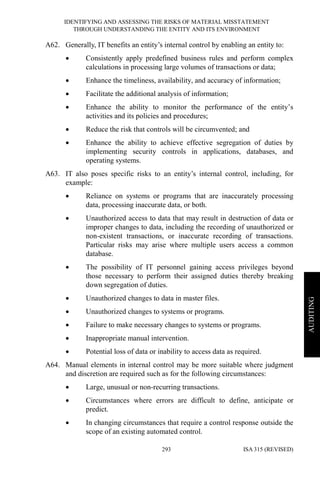 IDENTIFYING AND ASSESSING THE RISKS OF MATERIAL MISSTATEMENT
THROUGH UNDERSTANDING THE ENTITY AND ITS ENVIRONMENT
ISA 315 (REVISED)293
AUDITING
A62. Generally, IT benefits an entity’s internal control by enabling an entity to:
• Consistently apply predefined business rules and perform complex
calculations in processing large volumes of transactions or data;
• Enhance the timeliness, availability, and accuracy of information;
• Facilitate the additional analysis of information;
• Enhance the ability to monitor the performance of the entity’s
activities and its policies and procedures;
• Reduce the risk that controls will be circumvented; and
• Enhance the ability to achieve effective segregation of duties by
implementing security controls in applications, databases, and
operating systems.
A63. IT also poses specific risks to an entity’s internal control, including, for
example:
• Reliance on systems or programs that are inaccurately processing
data, processing inaccurate data, or both.
• Unauthorized access to data that may result in destruction of data or
improper changes to data, including the recording of unauthorized or
non-existent transactions, or inaccurate recording of transactions.
Particular risks may arise where multiple users access a common
database.
• The possibility of IT personnel gaining access privileges beyond
those necessary to perform their assigned duties thereby breaking
down segregation of duties.
• Unauthorized changes to data in master files.
• Unauthorized changes to systems or programs.
• Failure to make necessary changes to systems or programs.
• Inappropriate manual intervention.
• Potential loss of data or inability to access data as required.
A64. Manual elements in internal control may be more suitable where judgment
and discretion are required such as for the following circumstances:
• Large, unusual or non-recurring transactions.
• Circumstances where errors are difficult to define, anticipate or
predict.
• In changing circumstances that require a control response outside the
scope of an existing automated control.
 