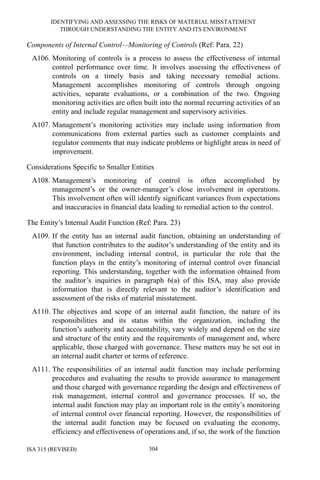 IDENTIFYING AND ASSESSING THE RISKS OF MATERIAL MISSTATEMENT
THROUGH UNDERSTANDING THE ENTITY AND ITS ENVIRONMENT
ISA 315 (REVISED) 304
Components of Internal Control—Monitoring of Controls (Ref: Para. 22)
A106. Monitoring of controls is a process to assess the effectiveness of internal
control performance over time. It involves assessing the effectiveness of
controls on a timely basis and taking necessary remedial actions.
Management accomplishes monitoring of controls through ongoing
activities, separate evaluations, or a combination of the two. Ongoing
monitoring activities are often built into the normal recurring activities of an
entity and include regular management and supervisory activities.
A107. Management’s monitoring activities may include using information from
communications from external parties such as customer complaints and
regulator comments that may indicate problems or highlight areas in need of
improvement.
Considerations Specific to Smaller Entities
A108. Management’s monitoring of control is often accomplished by
management’s or the owner-manager’s close involvement in operations.
This involvement often will identify significant variances from expectations
and inaccuracies in financial data leading to remedial action to the control.
The Entity’s Internal Audit Function (Ref: Para. 23)
A109. If the entity has an internal audit function, obtaining an understanding of
that function contributes to the auditor’s understanding of the entity and its
environment, including internal control, in particular the role that the
function plays in the entity’s monitoring of internal control over financial
reporting. This understanding, together with the information obtained from
the auditor’s inquiries in paragraph 6(a) of this ISA, may also provide
information that is directly relevant to the auditor’s identification and
assessment of the risks of material misstatement.
A110. The objectives and scope of an internal audit function, the nature of its
responsibilities and its status within the organization, including the
function’s authority and accountability, vary widely and depend on the size
and structure of the entity and the requirements of management and, where
applicable, those charged with governance. These matters may be set out in
an internal audit charter or terms of reference.
A111. The responsibilities of an internal audit function may include performing
procedures and evaluating the results to provide assurance to management
and those charged with governance regarding the design and effectiveness of
risk management, internal control and governance processes. If so, the
internal audit function may play an important role in the entity’s monitoring
of internal control over financial reporting. However, the responsibilities of
the internal audit function may be focused on evaluating the economy,
efficiency and effectiveness of operations and, if so, the work of the function
 
