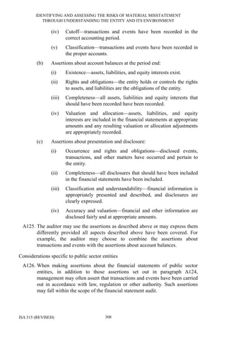 IDENTIFYING AND ASSESSING THE RISKS OF MATERIAL MISSTATEMENT
THROUGH UNDERSTANDING THE ENTITY AND ITS ENVIRONMENT
ISA 315 (REVISED) 308
(iv) Cutoff—transactions and events have been recorded in the
correct accounting period.
(v) Classification—transactions and events have been recorded in
the proper accounts.
(b) Assertions about account balances at the period end:
(i) Existence—assets, liabilities, and equity interests exist.
(ii) Rights and obligations—the entity holds or controls the rights
to assets, and liabilities are the obligations of the entity.
(iii) Completeness—all assets, liabilities and equity interests that
should have been recorded have been recorded.
(iv) Valuation and allocation—assets, liabilities, and equity
interests are included in the financial statements at appropriate
amounts and any resulting valuation or allocation adjustments
are appropriately recorded.
(c) Assertions about presentation and disclosure:
(i) Occurrence and rights and obligations—disclosed events,
transactions, and other matters have occurred and pertain to
the entity.
(ii) Completeness—all disclosures that should have been included
in the financial statements have been included.
(iii) Classification and understandability—financial information is
appropriately presented and described, and disclosures are
clearly expressed.
(iv) Accuracy and valuation—financial and other information are
disclosed fairly and at appropriate amounts.
A125. The auditor may use the assertions as described above or may express them
differently provided all aspects described above have been covered. For
example, the auditor may choose to combine the assertions about
transactions and events with the assertions about account balances.
Considerations specific to public sector entities
A126. When making assertions about the financial statements of public sector
entities, in addition to those assertions set out in paragraph A124,
management may often assert that transactions and events have been carried
out in accordance with law, regulation or other authority. Such assertions
may fall within the scope of the financial statement audit.
 