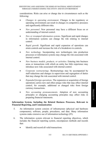 IDENTIFYING AND ASSESSING THE RISKS OF MATERIAL MISSTATEMENT
THROUGH UNDERSTANDING THE ENTITY AND ITS ENVIRONMENT
ISA 315 (REVISED) APPENDIX 1315
AUDITING
considerations. Risks can arise or change due to circumstances such as the
following:
• Changes in operating environment. Changes in the regulatory or
operating environment can result in changes in competitive pressures
and significantly different risks.
• New personnel. New personnel may have a different focus on or
understanding of internal control.
• New or revamped information systems. Significant and rapid changes
in information systems can change the risk relating to internal
control.
• Rapid growth. Significant and rapid expansion of operations can
strain controls and increase the risk of a breakdown in controls.
• New technology. Incorporating new technologies into production
processes or information systems may change the risk associated with
internal control.
• New business models, products, or activities. Entering into business
areas or transactions with which an entity has little experience may
introduce new risks associated with internal control.
• Corporate restructurings. Restructurings may be accompanied by
staff reductions and changes in supervision and segregation of duties
that may change the risk associated with internal control.
• Expanded foreign operations. The expansion or acquisition of foreign
operations carries new and often unique risks that may affect internal
control, for example, additional or changed risks from foreign
currency transactions.
• New accounting pronouncements. Adoption of new accounting
principles or changing accounting principles may affect risks in
preparing financial statements.
Information System, Including the Related Business Processes, Relevant to
Financial Reporting, and Communication
5. An information system consists of infrastructure (physical and hardware
components), software, people, procedures, and data. Many information
systems make extensive use of information technology (IT).
6. The information system relevant to financial reporting objectives, which
includes the financial reporting system, encompasses methods and records
that:
• Identify and record all valid transactions.
 
