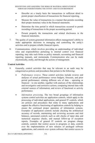 IDENTIFYING AND ASSESSING THE RISKS OF MATERIAL MISSTATEMENT
THROUGH UNDERSTANDING THE ENTITY AND ITS ENVIRONMENT
ISA 315 (REVISED) APPENDIX 1 316
• Describe on a timely basis the transactions in sufficient detail to
permit proper classification of transactions for financial reporting.
• Measure the value of transactions in a manner that permits recording
their proper monetary value in the financial statements.
• Determine the time period in which transactions occurred to permit
recording of transactions in the proper accounting period.
• Present properly the transactions and related disclosures in the
financial statements.
7. The quality of system-generated information affects management’s ability to
make appropriate decisions in managing and controlling the entity’s
activities and to prepare reliable financial reports.
8. Communication, which involves providing an understanding of individual
roles and responsibilities pertaining to internal control over financial
reporting, may take such forms as policy manuals, accounting and financial
reporting manuals, and memoranda. Communication also can be made
electronically, orally, and through the actions of management.
Control Activities
9. Generally, control activities that may be relevant to an audit may be
categorized as policies and procedures that pertain to the following:
• Performance reviews. These control activities include reviews and
analyses of actual performance versus budgets, forecasts, and prior
period performance; relating different sets of data – operating or
financial – to one another, together with analyses of the relationships
and investigative and corrective actions; comparing internal data with
external sources of information; and review of functional or activity
performance.
• Information processing. The two broad groupings of information
systems control activities are application controls, which apply to the
processing of individual applications, and general IT controls, which
are policies and procedures that relate to many applications and
support the effective functioning of application controls by helping to
ensure the continued proper operation of information systems.
Examples of application controls include checking the arithmetical
accuracy of records, maintaining and reviewing accounts and trial
balances, automated controls such as edit checks of input data and
numerical sequence checks, and manual follow-up of exception
reports. Examples of general IT controls are program change
controls, controls that restrict access to programs or data, controls
over the implementation of new releases of packaged software
applications, and controls over system software that restrict access to
 