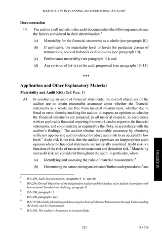 MATERIALITY IN PLANNING AND PERFORMING AN AUDIT
ISA 320325
AUDITING
Documentation
14. The auditor shall include in the audit documentation the following amounts and
the factors considered in their determination:4
(a) Materiality for the financial statements as a whole (see paragraph 10);
(b) If applicable, the materiality level or levels for particular classes of
transactions, account balances or disclosures (see paragraph 10);
(c) Performance materiality (see paragraph 11); and
(d) Any revision of (a)–(c) as the audit progressed (see paragraphs 12–13).
***
Application and Other Explanatory Material
Materiality and Audit Risk (Ref: Para. 5)
A1. In conducting an audit of financial statements, the overall objectives of the
auditor are to obtain reasonable assurance about whether the financial
statements as a whole are free from material misstatement, whether due to
fraud or error, thereby enabling the auditor to express an opinion on whether
the financial statements are prepared, in all material respects, in accordance
with an applicable financial reporting framework; and to report on the financial
statements, and communicate as required by the ISAs, in accordance with the
auditor’s findings.5
The auditor obtains reasonable assurance by obtaining
sufficient appropriate audit evidence to reduce audit risk to an acceptably low
level.6
Audit risk is the risk that the auditor expresses an inappropriate audit
opinion when the financial statements are materially misstated. Audit risk is a
function of the risks of material misstatement and detection risk.7
Materiality
and audit risk are considered throughout the audit, in particular, when:
(a) Identifying and assessing the risks of material misstatement;8
(b) Determining the nature, timing and extentof further auditprocedures;9
and
4
ISA 230, Audit Documentation, paragraphs 8–11, and A6
5
ISA200, Overall Objectives of the Independent Auditor and the Conduct of an Audit in Accordance with
International Standards on Auditing, paragraph 11
6
ISA 200, paragraph 17
7
ISA 200, paragraph 13(c)
8
ISA315 (Revised), Identifying and Assessing the Risks of Material Misstatement through Understanding
the Entity and Its Environment
9
ISA 330, The Auditor’s Responses to Assessed Risks
 