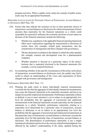 MATERIALITY IN PLANNING AND PERFORMING AN AUDIT
ISA 320 328
program activities. Where a public sector entity has custody of public assets,
assets may be an appropriate benchmark.
Materiality Level or Levels for Particular Classes of Transactions, Account Balances
or Disclosures (Ref: Para. 10)
A10. Factors that may indicate the existence of one or more particular classes of
transactions, account balances or disclosures for which misstatements of lesser
amounts than materiality for the financial statements as a whole could
reasonably be expected to influence the economic decisions of users taken on
the basis of the financial statements include the following:
• Whether law, regulation or the applicable financial reporting framework
affect users’ expectations regarding the measurement or disclosure of
certain items (for example, related party transactions, and the
remuneration of management and those charged with governance).
• The key disclosures in relation to the industry in which the entity operates
(for example, research and development costs for a pharmaceutical
company).
• Whether attention is focused on a particular aspect of the entity’s
business that is separately disclosed in the financial statements (for
example, a newly acquired business).
A11. In considering whether, in the specific circumstances of the entity, such classes
of transactions, account balances or disclosures exist, the auditor may find it
useful to obtain an understanding of the views and expectations of those
charged with governance and management.
Performance Materiality (Ref: Para. 11)
A12. Planning the audit solely to detect individually material misstatements
overlooks the fact that the aggregate of individually immaterial misstatements
may cause the financial statements to be materially misstated, and leaves no
margin for possible undetected misstatements. Performance materiality (which,
as defined, is one or more amounts) is set to reduce to an appropriately low
level the probability that the aggregate of uncorrected and undetected
misstatements in the financial statements exceeds materiality for the financial
statements as a whole. Similarly, performance materiality relating to a
materiality level determined for a particular class of transactions, account
balance or disclosure is set to reduce to an appropriately low level the
probability that the aggregate of uncorrected and undetected misstatements in
that particular class of transactions, account balance or disclosure exceeds the
materiality level for that particular class of transactions, account balance or
disclosure. The determination of performance materiality is not a simple
mechanical calculation and involves the exercise of professional judgment. It is
affected by the auditor’s understanding of the entity, updated during the
 