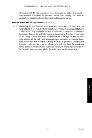 MATERIALITY IN PLANNING AND PERFORMING AN AUDIT
ISA 320329
AUDITING
performance of the risk assessment procedures; and the nature and extent of
misstatements identified in previous audits and thereby the auditor’s
expectations in relation to misstatements in the current period.
Revision as the Audit Progresses (Ref: Para. 12)
A13. Materiality for the financial statements as a whole (and, if applicable, the
materiality level or levels for particular classes of transactions, account balances
or disclosures) may need to be revised as a result of a change in circumstances
that occurred during the audit (for example, a decision to dispose of a major part
of the entity’s business), new information, or a change in the auditor’s
understanding of the entity and its operations as a result of performing further
audit procedures. For example, if during the audit it appears as though actual
financial results are likely to be substantially different from the anticipated
period-end financial results that were used initially to determine materiality for
the financial statements as a whole, the auditor revises that materiality.
 