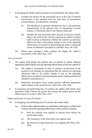 THE AUDITOR’S RESPONSES TO ASSESSED RISKS
ISA 330 332
7. In designing the further audit procedures to be performed, the auditor shall:
(a) Consider the reasons for the assessment given to the risk of material
misstatement at the assertion level for each class of transactions,
account balance, and disclosure, including:
(i) The likelihood of material misstatement due to the particular
characteristics of the relevant class of transactions, account
balance, or disclosure (that is, the inherent risk); and
(ii) Whether the risk assessment takes account of relevant controls
(that is, the control risk), thereby requiring the auditor to obtain
audit evidence to determine whether the controls are operating
effectively (that is, the auditor intends to rely on the operating
effectiveness of controls in determining the nature, timing and
extent of substantive procedures); and (Ref: Para. A9–A18)
(b) Obtain more persuasive audit evidence the higher the auditor’s
assessment of risk. (Ref: Para. A19)
Tests of Controls
8. The auditor shall design and perform tests of controls to obtain sufficient
appropriate audit evidence as to the operating effectiveness of relevant controls if:
(a) The auditor’s assessment of risks of material misstatement at the
assertion level includes an expectation that the controls are operating
effectively (that is, the auditor intends to rely on the operating
effectiveness of controls in determining the nature, timing and extent of
substantive procedures); or
(b) Substantive procedures alone cannot provide sufficient appropriate
audit evidence at the assertion level. (Ref: Para. A20–A24)
9. In designing and performing tests of controls, the auditor shall obtain more
persuasive audit evidence the greater the reliance the auditor places on the
effectiveness of a control. (Ref: Para. A25)
Nature and Extent of Tests of Controls
10. In designing and performing tests of controls, the auditor shall:
(a) Performotheraudit procedures in combination with inquiry to obtain audit
evidence about the operating effectiveness of the controls, including:
(i) How the controls were applied at relevant times during the
period under audit;
(ii) The consistency with which they were applied; and
(iii) By whom or by what means they were applied. (Ref: Para.A26–
A29)
 