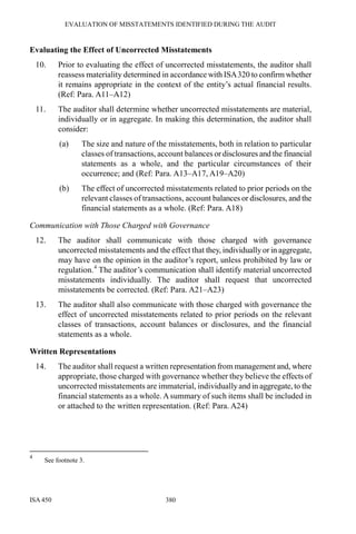 EVALUATION OF MISSTATEMENTS IDENTIFIED DURING THE AUDIT
ISA 450 380
Evaluating the Effect of Uncorrected Misstatements
10. Prior to evaluating the effect of uncorrected misstatements, the auditor shall
reassess materiality determined in accordance with ISA320 to confirm whether
it remains appropriate in the context of the entity’s actual financial results.
(Ref: Para. A11–A12)
11. The auditor shall determine whether uncorrected misstatements are material,
individually or in aggregate. In making this determination, the auditor shall
consider:
(a) The size and nature of the misstatements, both in relation to particular
classes of transactions, account balances or disclosures and the financial
statements as a whole, and the particular circumstances of their
occurrence; and (Ref: Para. A13–A17, A19–A20)
(b) The effect of uncorrected misstatements related to prior periods on the
relevant classes of transactions, account balances or disclosures, and the
financial statements as a whole. (Ref: Para. A18)
Communication with Those Charged with Governance
12. The auditor shall communicate with those charged with governance
uncorrected misstatements and the effect that they, individually or in aggregate,
may have on the opinion in the auditor’s report, unless prohibited by law or
regulation.4
The auditor’s communication shall identify material uncorrected
misstatements individually. The auditor shall request that uncorrected
misstatements be corrected. (Ref: Para. A21–A23)
13. The auditor shall also communicate with those charged with governance the
effect of uncorrected misstatements related to prior periods on the relevant
classes of transactions, account balances or disclosures, and the financial
statements as a whole.
Written Representations
14. The auditor shall request a written representation from management and, where
appropriate, those charged with governance whether they believe the effects of
uncorrected misstatements are immaterial, individually and in aggregate, to the
financial statements as a whole. Asummary of such items shall be included in
or attached to the written representation. (Ref: Para. A24)
4
See footnote 3.
 