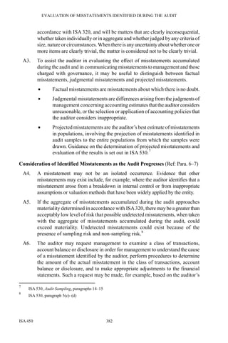 EVALUATION OF MISSTATEMENTS IDENTIFIED DURING THE AUDIT
ISA 450 382
accordance with ISA 320, and will be matters that are clearly inconsequential,
whether taken individually or in aggregate and whether judged by any criteria of
size, nature or circumstances. When there isany uncertaintyabout whetheroneor
more items are clearly trivial, the matter is considered not to be clearly trivial.
A3. To assist the auditor in evaluating the effect of misstatements accumulated
during the audit and in communicating misstatements to management and those
charged with governance, it may be useful to distinguish between factual
misstatements, judgmental misstatements and projected misstatements.
• Factual misstatements are misstatements about which there is no doubt.
• Judgmental misstatements are differences arising fromthe judgments of
management concerning accounting estimates that the auditor considers
unreasonable, or the selection or application of accounting policies that
the auditor considers inappropriate.
• Projected misstatements are the auditor’s best estimate of misstatements
in populations, involving the projection of misstatements identified in
audit samples to the entire populations from which the samples were
drawn. Guidance on the determination of projected misstatements and
evaluation of the results is set out in ISA 530.7
Consideration of Identified Misstatements as the Audit Progresses (Ref: Para. 6–7)
A4. A misstatement may not be an isolated occurrence. Evidence that other
misstatements may exist include, for example, where the auditor identifies that a
misstatement arose from a breakdown in internal control or from inappropriate
assumptions or valuation methods that have been widely applied by the entity.
A5. If the aggregate of misstatements accumulated during the audit approaches
materiality determined in accordance with ISA320, there may be a greater than
acceptably low level of risk that possible undetected misstatements, when taken
with the aggregate of misstatements accumulated during the audit, could
exceed materiality. Undetected misstatements could exist because of the
presence of sampling risk and non-sampling risk.8
A6. The auditor may request management to examine a class of transactions,
account balance or disclosure in order for management to understand the cause
of a misstatement identified by the auditor, perform procedures to determine
the amount of the actual misstatement in the class of transactions, account
balance or disclosure, and to make appropriate adjustments to the financial
statements. Such a request may be made, for example, based on the auditor’s
7
ISA 530, Audit Sampling, paragraphs 14–15
8
ISA 530, paragraph 5(c)–(d)
 