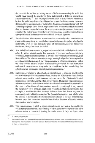 EVALUATION OF MISSTATEMENTS IDENTIFIED DURING THE AUDIT
ISA 450 384
the event of the auditor becoming aware of information during the audit that
would have caused the auditor to have determined a different amount (or
amounts) initially.10
Thus, any significant revision is likely to have been made
before the auditor evaluates the effect of uncorrected misstatements. However,
if the auditor’s reassessment of materiality determined in accordance with ISA
320 (see paragraph 10 of this ISA) gives rise to a lower amount (or amounts),
then performance materiality and the appropriateness of the nature, timing and
extent of the further audit procedures are reconsidered so as to obtain sufficient
appropriate audit evidence on which to base the audit opinion.
A13. Each individual misstatement is considered to evaluate its effect on the relevant
classes of transactions, account balances or disclosures, including whether the
materiality level for that particular class of transactions, account balance or
disclosure, if any, has been exceeded.
A14. If an individual misstatement is judged to be material, it is unlikely that it can be
offset by other misstatements. For example, if revenue has been materially
overstated, the financial statements as a whole will be materially misstated, even
if the effect of the misstatement on earnings is completely offset byanequivalent
overstatement of expenses. It may be appropriate to offset misstatements within
the same account balance or class of transactions; however, the risk that further
undetected misstatements may exist is considered before concluding that
offsetting even immaterial misstatements is appropriate.11
A15. Determining whether a classification misstatement is material involves the
evaluation of qualitative considerations, such as the effect of the classification
misstatement on debt or other contractual covenants, the effect on individual
line items or sub-totals, or the effect on key ratios. There may be circumstances
where the auditor concludes that a classification misstatement is not material in
the context of the financial statements as a whole, even though it may exceed
the materiality level or levels applied in evaluating other misstatements. For
example, a misclassification between balance sheet line items may not be
considered material in the context of the financial statements as a whole when
the amount of the misclassification is small in relation to the size of the related
balance sheet line items and the misclassification does not affect the income
statement or any key ratios.
A16. The circumstances related to some misstatements may cause the auditor to
evaluate them as material, individually or when considered together with other
misstatements accumulated during the audit, even if they are lower than
10
ISA 320, paragraph 12
11
The identification of a number of immaterial misstatements within the same account balance or class of
transactions may require the auditor to reassess the risk of material misstatement for that account balance
or class of transactions.
 
