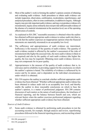 AUDIT EVIDENCE
ISA 500 392
A2. Most of the auditor’s work in forming the auditor’s opinion consists of obtaining
and evaluating audit evidence. Audit procedures to obtain audit evidence can
include inspection, observation, confirmation, recalculation, reperformance, and
analytical procedures,often in some combination, in addition to inquiry. Although
inquiry mayprovide importantaudit evidence, and mayevenproduceevidenceofa
misstatement, inquiry aloneordinarily does notprovidesufficientauditevidenceof
the absence of a material misstatement at the assertion level, nor of the operating
effectiveness of controls.
A3. As explained in ISA 200,7
reasonable assurance is obtained when the auditor
has obtained sufficient appropriate audit evidence to reduce audit risk (that is,
the risk that the auditor expresses an inappropriate opinion when the financial
statements are materially misstated) to an acceptably low level.
A4. The sufficiency and appropriateness of audit evidence are interrelated.
Sufficiency is the measure of the quantity of audit evidence. The quantity of
audit evidence needed is affected by the auditor’s assessment of the risks of
misstatement (the higher the assessed risks, the more audit evidence is likely to
be required) and also by the quality of such audit evidence (the higher the
quality, the less may be required). Obtaining more audit evidence, however,
may not compensate for its poor quality.
A5. Appropriateness is the measure of the quality of audit evidence; that is, its
relevance and its reliability in providing support for the conclusions on which
the auditor’s opinion is based. The reliability of evidence is influenced by its
source and by its nature, and is dependent on the individual circumstances
under which it is obtained.
A6. ISA 330 requires the auditor to conclude whether sufficient appropriate audit
evidence has been obtained.8
Whether sufficient appropriate audit evidence has
been obtained to reduce audit risk to an acceptably low level, and thereby
enable the auditor to draw reasonable conclusions on which to base the
auditor’s opinion, is a matter of professional judgment. ISA 200 contains
discussion of such matters as the nature of audit procedures, the timeliness of
financial reporting, and the balance between benefit and cost, which are
relevant factors when the auditor exercises professional judgment regarding
whether sufficient appropriate audit evidence has been obtained.
Sources of Audit Evidence
A7. Some audit evidence is obtained by performing audit procedures to test the
accounting records, for example, through analysis and review, reperforming
procedures followed in the financial reporting process, and reconciling related
7
ISA 200, paragraph 5
8
ISA 330, paragraph 26
 