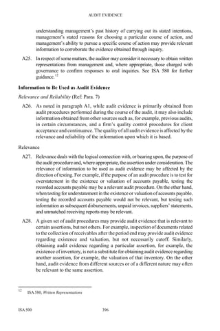 AUDIT EVIDENCE
ISA 500 396
understanding management’s past history of carrying out its stated intentions,
management’s stated reasons for choosing a particular course of action, and
management’s ability to pursue a specific course of action may provide relevant
information to corroborate the evidence obtained through inquiry.
A25. In respect of some matters, the auditor may consider it necessary to obtain written
representations from management and, where appropriate, those charged with
governance to confirm responses to oral inquiries. See ISA 580 for further
guidance.12
Information to Be Used as Audit Evidence
Relevance and Reliability (Ref: Para. 7)
A26. As noted in paragraph A1, while audit evidence is primarily obtained from
audit procedures performed during the course of the audit, it may also include
information obtained from other sources such as, for example, previous audits,
in certain circumstances, and a firm’s quality control procedures for client
acceptance and continuance. The quality of all audit evidence is affected by the
relevance and reliability of the information upon which it is based.
Relevance
A27. Relevance deals with the logical connection with, or bearing upon, the purpose of
the audit procedure and, where appropriate, the assertion under consideration. The
relevance of information to be used as audit evidence may be affected by the
direction of testing. For example, if the purpose of an audit procedure is to test for
overstatement in the existence or valuation of accounts payable, testing the
recorded accounts payable may be a relevant audit procedure. On the other hand,
when testing for understatement in the existence or valuation of accounts payable,
testing the recorded accounts payable would not be relevant, but testing such
information as subsequent disbursements, unpaid invoices, suppliers’ statements,
and unmatched receiving reports may be relevant.
A28. A given set of audit procedures may provide audit evidence that is relevant to
certain assertions, but not others. For example, inspection of documents related
to the collection of receivables after the period end may provide audit evidence
regarding existence and valuation, but not necessarily cutoff. Similarly,
obtaining audit evidence regarding a particular assertion, for example, the
existence of inventory, is not a substitute for obtaining audit evidence regarding
another assertion, for example, the valuation of that inventory. On the other
hand, audit evidence from different sources or of a different nature may often
be relevant to the same assertion.
12
ISA 580, Written Representations
 
