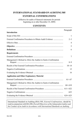 ISA 505 416
INTERNATIONAL STANDARD ON AUDITING 505
EXTERNAL CONFIRMATIONS
(Effective for audits of financial statements for periods
beginning on or after December 15, 2009)
CONTENTS
Paragraph
Introduction
Scope of this ISA ........................................................................................ 1
External Confirmation Procedures to Obtain Audit Evidence .................... 2−3
Effective Date .............................................................................................. 4
Objective .................................................................................................... 5
Definitions .................................................................................................. 6
Requirements
External Confirmation Procedures .............................................................. 7
Management’s Refusal to Allow the Auditor to Send a Confirmation
Request ................................................................................................ 8−9
Results of the External Confirmation Procedures ....................................... 10−14
Negative Confirmations .............................................................................. 15
Evaluating the Evidence Obtained .............................................................. 16
Application and Other Explanatory Material
External Confirmation Procedures .............................................................. A1−A7
Management’s Refusal to Allow the Auditor to Send a Confirmation
Request ................................................................................................ A8−A10
Results of the External Confirmation Procedures ....................................... A11−A22
Negative Confirmations .............................................................................. A23
Evaluating the Evidence Obtained .............................................................. A24−A25
International Standard on Auditing (ISA) 505, External Confirmations, should be
read in conjunction with ISA200, Overall Objectives of the IndependentAuditor and
the Conduct of an Audit in Accordance with International Standards on Auditing.
 