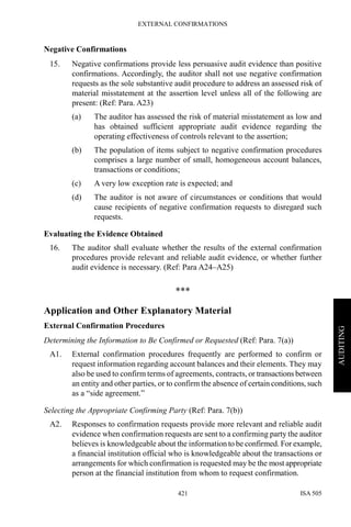 EXTERNAL CONFIRMATIONS
ISA 505421
AUDITING
Negative Confirmations
15. Negative confirmations provide less persuasive audit evidence than positive
confirmations. Accordingly, the auditor shall not use negative confirmation
requests as the sole substantive audit procedure to address an assessed risk of
material misstatement at the assertion level unless all of the following are
present: (Ref: Para. A23)
(a) The auditor has assessed the risk of material misstatement as low and
has obtained sufficient appropriate audit evidence regarding the
operating effectiveness of controls relevant to the assertion;
(b) The population of items subject to negative confirmation procedures
comprises a large number of small, homogeneous account balances,
transactions or conditions;
(c) A very low exception rate is expected; and
(d) The auditor is not aware of circumstances or conditions that would
cause recipients of negative confirmation requests to disregard such
requests.
Evaluating the Evidence Obtained
16. The auditor shall evaluate whether the results of the external confirmation
procedures provide relevant and reliable audit evidence, or whether further
audit evidence is necessary. (Ref: Para A24–A25)
***
Application and Other Explanatory Material
External Confirmation Procedures
Determining the Information to Be Confirmed or Requested (Ref: Para. 7(a))
A1. External confirmation procedures frequently are performed to confirm or
request information regarding account balances and their elements. They may
also be used to confirm terms of agreements, contracts, or transactions between
an entity and other parties, or to confirm the absence of certain conditions, such
as a “side agreement.”
Selecting the Appropriate Confirming Party (Ref: Para. 7(b))
A2. Responses to confirmation requests provide more relevant and reliable audit
evidence when confirmation requests are sent to a confirming party the auditor
believes is knowledgeable about the information to be confirmed. For example,
a financial institution official who is knowledgeable about the transactions or
arrangements for which confirmation is requested may be the most appropriate
person at the financial institution from whom to request confirmation.
 