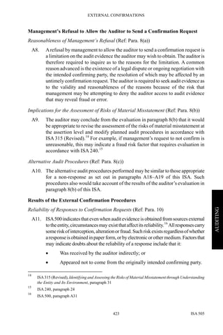 EXTERNAL CONFIRMATIONS
ISA 505423
AUDITING
Management’s Refusal to Allow the Auditor to Send a Confirmation Request
Reasonableness of Management’s Refusal (Ref: Para. 8(a))
A8. Arefusal by management to allow the auditor to send a confirmation request is
a limitation on the audit evidence the auditor may wish to obtain.The auditor is
therefore required to inquire as to the reasons for the limitation. A common
reason advanced is the existence of a legal dispute or ongoing negotiation with
the intended confirming party, the resolution of which may be affected by an
untimely confirmation request. The auditor is required to seek audit evidence as
to the validity and reasonableness of the reasons because of the risk that
management may be attempting to deny the auditor access to audit evidence
that may reveal fraud or error.
Implications for the Assessment of Risks of Material Misstatement (Ref: Para. 8(b))
A9. The auditor may conclude from the evaluation in paragraph 8(b) that it would
be appropriate to revise the assessment of the risks of material misstatement at
the assertion level and modify planned audit procedures in accordance with
ISA 315 (Revised).14
For example, if management’s request to not confirm is
unreasonable, this may indicate a fraud risk factor that requires evaluation in
accordance with ISA 240.15
Alternative Audit Procedures (Ref: Para. 8(c))
A10. The alternative audit procedures performed may be similar to those appropriate
for a non-response as set out in paragraphs A18–A19 of this ISA. Such
procedures also would take account of the results of the auditor’s evaluation in
paragraph 8(b) of this ISA.
Results of the External Confirmation Procedures
Reliability of Responses to Confirmation Requests (Ref: Para. 10)
A11. ISA500 indicates that even when audit evidence is obtained from sources external
to theentity,circumstances may exist thataffect its reliability.16
Allresponsescarry
some riskofinterception, alteration or fraud. Such risk exists regardlessofwhether
aresponse isobtainedin paper form, orby electronic orother medium. Factorsthat
may indicate doubts about the reliability of a response include that it:
• Was received by the auditor indirectly; or
• Appeared not to come from the originally intended confirming party.
14
ISA315 (Revised), Identifying and Assessing the Risks of Material Misstatement through Understanding
the Entity and Its Environment, paragraph 31
15
ISA 240, paragraph 24
16
ISA 500, paragraph A31
 