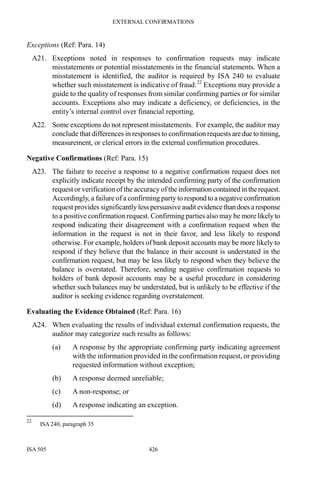 EXTERNAL CONFIRMATIONS
ISA 505 426
Exceptions (Ref: Para. 14)
A21. Exceptions noted in responses to confirmation requests may indicate
misstatements or potential misstatements in the financial statements. When a
misstatement is identified, the auditor is required by ISA 240 to evaluate
whether such misstatement is indicative of fraud.22
Exceptions may provide a
guide to the quality of responses from similar confirming parties or for similar
accounts. Exceptions also may indicate a deficiency, or deficiencies, in the
entity’s internal control over financial reporting.
A22. Some exceptions do not represent misstatements. For example, the auditor may
conclude that differences in responses to confirmation requests aredueto timing,
measurement, or clerical errors in the external confirmation procedures.
Negative Confirmations (Ref: Para. 15)
A23. The failure to receive a response to a negative confirmation request does not
explicitly indicate receipt by the intended confirming party of the confirmation
request or verification of the accuracy of the information containedin therequest.
Accordingly, a failure of a confirming party to respondto a negativeconfirmation
request provides significantly less persuasive auditevidencethandoes aresponse
to a positive confirmation request. Confirming parties also may be morelikelyto
respond indicating their disagreement with a confirmation request when the
information in the request is not in their favor, and less likely to respond
otherwise. For example, holders of bank deposit accounts may be more likely to
respond if they believe that the balance in their account is understated in the
confirmation request, but may be less likely to respond when they believe the
balance is overstated. Therefore, sending negative confirmation requests to
holders of bank deposit accounts may be a useful procedure in considering
whether such balances may be understated, but is unlikely to be effective if the
auditor is seeking evidence regarding overstatement.
Evaluating the Evidence Obtained (Ref: Para. 16)
A24. When evaluating the results of individual external confirmation requests, the
auditor may categorize such results as follows:
(a) A response by the appropriate confirming party indicating agreement
with the information provided in the confirmation request, or providing
requested information without exception;
(b) A response deemed unreliable;
(c) A non-response; or
(d) A response indicating an exception.
22
ISA 240, paragraph 35
 