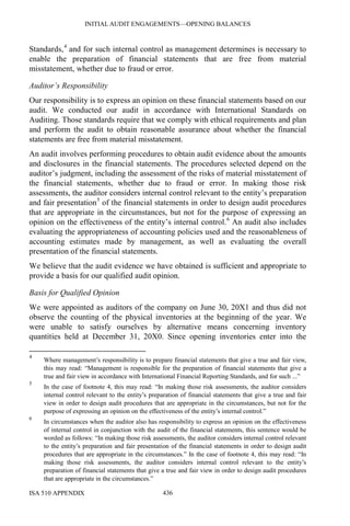 INITIAL AUDIT ENGAGEMENTS—OPENING BALANCES
ISA 510 APPENDIX 436
Standards,4
and for such internal control as management determines is necessary to
enable the preparation of financial statements that are free from material
misstatement, whether due to fraud or error.
Auditor’s Responsibility
Our responsibility is to express an opinion on these financial statements based on our
audit. We conducted our audit in accordance with International Standards on
Auditing. Those standards require that we comply with ethical requirements and plan
and perform the audit to obtain reasonable assurance about whether the financial
statements are free from material misstatement.
An audit involves performing procedures to obtain audit evidence about the amounts
and disclosures in the financial statements. The procedures selected depend on the
auditor’s judgment, including the assessment of the risks of material misstatement of
the financial statements, whether due to fraud or error. In making those risk
assessments, the auditor considers internal control relevant to the entity’s preparation
and fair presentation5
of the financial statements in order to design audit procedures
that are appropriate in the circumstances, but not for the purpose of expressing an
opinion on the effectiveness of the entity’s internal control.6
An audit also includes
evaluating the appropriateness of accounting policies used and the reasonableness of
accounting estimates made by management, as well as evaluating the overall
presentation of the financial statements.
We believe that the audit evidence we have obtained is sufficient and appropriate to
provide a basis for our qualified audit opinion.
Basis for Qualified Opinion
We were appointed as auditors of the company on June 30, 20X1 and thus did not
observe the counting of the physical inventories at the beginning of the year. We
were unable to satisfy ourselves by alternative means concerning inventory
quantities held at December 31, 20X0. Since opening inventories enter into the
4
Where management’s responsibility is to prepare financial statements that give a true and fair view,
this may read: “Management is responsible for the preparation of financial statements that give a
true and fair view in accordance with International Financial Reporting Standards, and for such ...”
5
In the case of footnote 4, this may read: “In making those risk assessments, the auditor considers
internal control relevant to the entity’s preparation of financial statements that give a true and fair
view in order to design audit procedures that are appropriate in the circumstances, but not for the
purpose of expressing an opinion on the effectiveness of the entity’s internal control.”
6
In circumstances when the auditor also has responsibility to express an opinion on the effectiveness
of internal control in conjunction with the audit of the financial statements, this sentence would be
worded as follows: “In making those risk assessments, the auditor considers internal control relevant
to the entity’s preparation and fair presentation of the financial statements in order to design audit
procedures that are appropriate in the circumstances.” In the case of footnote 4, this may read: “In
making those risk assessments, the auditor considers internal control relevant to the entity’s
preparation of financial statements that give a true and fair view in order to design audit procedures
that are appropriate in the circumstances.”
 