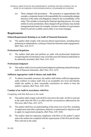 OVERALL OBJECTIVES OF THE INDEPENDENT AUDITOR AND THE CONDUCT OF AN
AUDIT IN ACCORDANCE WITH INTERNATIONAL STANDARDS ON AUDITING
ISA 200 80
(o) Those charged with governance – The person(s) or organization(s) (for
example,a corporatetrustee) withresponsibilityforoverseeingthestrategic
direction of the entity and obligations related to the accountability of the
entity. This includes overseeing the financial reporting process. For some
entities in some jurisdictions, those charged with governance may include
management personnel, for example, executive members of a governance
board of a private or public sector entity, or an owner-manager.
Requirements
Ethical Requirements Relating to an Audit of Financial Statements
14. The auditor shall comply with relevant ethical requirements, including those
pertaining to independence, relating to financial statement audit engagements.
(Ref: Para. A14–A17)
Professional Skepticism
15. The auditor shall plan and perform an audit with professional skepticism
recognizing that circumstances may exist that cause the financial statements to
be materially misstated. (Ref: Para. A18–A22)
Professional Judgment
16. The auditor shall exercise professional judgment in planning and performing an
audit of financial statements. (Ref: Para. A23–A27)
Sufficient Appropriate Audit Evidence and Audit Risk
17. To obtain reasonable assurance, the auditor shall obtain sufficient appropriate
audit evidence to reduce audit risk to an acceptably low level and thereby
enable the auditor to draw reasonable conclusions on which to base the
auditor’s opinion. (Ref: Para. A28–A52)
Conduct of an Audit in Accordance with ISAs
Complying with ISAs Relevant to the Audit
18. The auditor shall comply with all ISAs relevant to the audit.An ISAis relevant
to the audit when the ISA is in effect and the circumstances addressed by the
ISA exist. (Ref: Para. A53–A57)
19. The auditor shall have an understanding of the entire text of an ISA, including
its application and other explanatory material, to understand its objectives and
to apply its requirements properly. (Ref: Para. A58–A66)
20. The auditor shall not represent compliance with ISAs in the auditor’s report
unless the auditor has complied with the requirements of this ISAand all other
ISAs relevant to the audit.
 