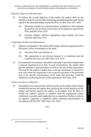 OVERALL OBJECTIVES OF THE INDEPENDENT AUDITOR AND THE CONDUCT OF AN
AUDIT IN ACCORDANCE WITH INTERNATIONAL STANDARDS ON AUDITING
ISA 20081
AUDITING
Objectives Stated in Individual ISAs
21. To achieve the overall objectives of the auditor, the auditor shall use the
objectives stated in relevant ISAs in planning and performing the audit, having
regard to the interrelationships among the ISAs, to: (Ref: Para. A67–A69)
(a) Determine whether any audit procedures in addition to those required
by the ISAs are necessary in pursuance of the objectives stated in the
ISAs; and (Ref: Para. A70)
(b) Evaluate whether sufficient appropriate audit evidence has been
obtained. (Ref: Para. A71)
Complying with Relevant Requirements
22. Subject to paragraph 23, the auditor shall comply with each requirement of an
ISA unless, in the circumstances of the audit:
(a) The entire ISA is not relevant; or
(b) The requirement is not relevant because it is conditional and the
condition does not exist. (Ref: Para. A72–A73)
23. In exceptional circumstances, the auditor may judge it necessary to depart from
a relevant requirement in an ISA. In such circumstances, the auditor shall
perform alternative audit procedures to achieve the aim of that requirement.
The need for the auditor to depart from a relevant requirement is expected to
arise only where the requirement is for a specific procedure to be performed
and, in the specific circumstances of the audit, that procedure would be
ineffective in achieving the aim of the requirement. (Ref: Para. A74)
Failure to Achieve an Objective
24. If an objective in a relevant ISAcannot be achieved, the auditor shall evaluate
whether this prevents the auditor from achieving the overall objectives of the
auditor and thereby requires the auditor, in accordance with the ISAs, to
modify the auditor’s opinion or withdraw from the engagement (where
withdrawal is possible under applicable law or regulation). Failure to achieve
an objective represents a significant matter requiring documentation in
accordance with ISA 230.4
(Ref: Para. A75–A76)
***
4
ISA 230, Audit Documentation, paragraph 8(c)
 