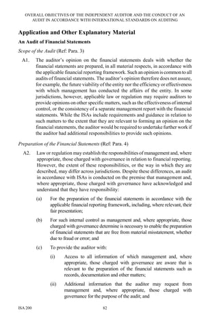 OVERALL OBJECTIVES OF THE INDEPENDENT AUDITOR AND THE CONDUCT OF AN
AUDIT IN ACCORDANCE WITH INTERNATIONAL STANDARDS ON AUDITING
ISA 200 82
Application and Other Explanatory Material
An Audit of Financial Statements
Scope of the Audit (Ref: Para. 3)
A1. The auditor’s opinion on the financial statements deals with whether the
financial statements are prepared, in all material respects, in accordance with
the applicable financial reporting framework. Such an opinion is common to all
audits of financial statements. The auditor’s opinion therefore does not assure,
for example, the future viability of the entity nor the efficiency or effectiveness
with which management has conducted the affairs of the entity. In some
jurisdictions, however, applicable law or regulation may require auditors to
provide opinions on other specific matters, such as the effectiveness of internal
control, or the consistency of a separate management report with the financial
statements. While the ISAs include requirements and guidance in relation to
such matters to the extent that they are relevant to forming an opinion on the
financial statements, the auditor would be required to undertake further work if
the auditor had additional responsibilities to provide such opinions.
Preparation of the Financial Statements (Ref: Para. 4)
A2. Law or regulation may establish the responsibilities of management and, where
appropriate, those charged with governance in relation to financial reporting.
However, the extent of these responsibilities, or the way in which they are
described, may differ across jurisdictions. Despite these differences, an audit
in accordance with ISAs is conducted on the premise that management and,
where appropriate, those charged with governance have acknowledged and
understand that they have responsibility:
(a) For the preparation of the financial statements in accordance with the
applicable financial reporting framework, including, where relevant, their
fair presentation;
(b) For such internal control as management and, where appropriate, those
charged with governance determine is necessary to enable the preparation
of financial statements that are free from material misstatement, whether
due to fraud or error; and
(c) To provide the auditor with:
(i) Access to all information of which management and, where
appropriate, those charged with governance are aware that is
relevant to the preparation of the financial statements such as
records, documentation and other matters;
(ii) Additional information that the auditor may request from
management and, where appropriate, those charged with
governance for the purpose of the audit; and
 