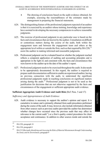 OVERALL OBJECTIVES OF THE INDEPENDENT AUDITOR AND THE CONDUCT OF AN
AUDIT IN ACCORDANCE WITH INTERNATIONAL STANDARDS ON AUDITING
ISA 20089
AUDITING
• The drawing of conclusions based on the audit evidence obtained, for
example, assessing the reasonableness of the estimates made by
management in preparing the financial statements.
A24. The distinguishing feature of the professional judgment expected of an auditor
is that it is exercised by an auditor whose training, knowledge and experience
have assisted in developing the necessary competencies to achieve reasonable
judgments.
A25. The exercise of professional judgment in any particular case is based on the
facts and circumstances that are known by the auditor. Consultation on difficult
or contentious matters during the course of the audit, both within the
engagement team and between the engagement team and others at the
appropriate level within or outside the firm, such as that required by ISA 220,15
assist the auditor in making informed and reasonable judgments.
A26. Professional judgment can be evaluated based on whether the judgment reached
reflects a competent application of auditing and accounting principles and is
appropriate in the light of, and consistent with, the facts and circumstances that
were known to the auditor up to the date of the auditor’s report.
A27. Professional judgment needs to be exercised throughout the audit. It also needs
to be appropriately documented. In this regard, the auditor is required to
prepare audit documentation sufficient to enable an experienced auditor, having
no previous connection with the audit, to understand the significant
professional judgments made in reaching conclusions on significant matters
arising during the audit.16
Professional judgment is not to be used as the
justification for decisions that are not otherwise supported by the facts and
circumstances of the engagement or sufficient appropriate audit evidence.
Sufficient Appropriate Audit Evidence and Audit Risk (Ref: Para. 5 and 17)
Sufficiency and Appropriateness of Audit Evidence
A28. Audit evidence is necessary to support the auditor’s opinion and report. It is
cumulative in nature and is primarily obtained from audit procedures performed
during the course of the audit. It may, however, also include information obtained
from other sources such as previous audits (provided the auditor has determined
whether changes have occurred since the previous audit that may affect its
relevance to the current audit17
) or a firm’s quality control procedures for client
acceptance and continuance. In addition to other sources inside and outside the
15
ISA 220, paragraph 18
16
ISA 230, paragraph 8
17
ISA315 (Revised), Identifying and Assessing the Risks of Material Misstatement through Understanding
the Entity and Its Environment, paragraph 9
 