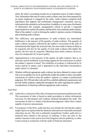 OVERALL OBJECTIVES OF THE INDEPENDENT AUDITOR AND THE CONDUCT OF AN
AUDIT IN ACCORDANCE WITH INTERNATIONAL STANDARDS ON AUDITING
ISA 200 90
entity, the entity’s accounting records are an important source of audit evidence.
Also, information that may be used as audit evidence may have been prepared by
an expert employed or engaged by the entity. Audit evidence comprises both
information that supports and corroborates management’s assertions, and any
information that contradicts such assertions.In addition, insomecases,theabsence
of information (for example, management’s refusal to provide a requested
representation) is used by the auditor, and therefore, alsoconstitutesauditevidence.
Most of the auditor’s work in forming the auditor’s opinion consists of obtaining
and evaluating audit evidence.
A29. The sufficiency and appropriateness of audit evidence are interrelated.
Sufficiency is the measure of the quantity of audit evidence. The quantity of
audit evidence needed is affected by the auditor’s assessment of the risks of
misstatement (the higher the assessed risks, the more audit evidence is likely to
be required) and also by the quality of such audit evidence (the higher the
quality, the less may be required). Obtaining more audit evidence, however,
may not compensate for its poor quality.
A30. Appropriateness is the measure of the quality of audit evidence; that is, its
relevance and its reliability in providing support for the conclusions on which
the auditor’s opinion is based. The reliability of evidence is influenced by its
source and by its nature, and is dependent on the individual circumstances
under which it is obtained.
A31. Whether sufficient appropriate audit evidence has been obtained to reduce audit
risk to an acceptably low level, and thereby enable the auditor to draw reasonable
conclusions on which to base the auditor’s opinion, is a matter of professional
judgment. ISA 500 and other relevant ISAs establish additional requirements and
provide further guidance applicable throughout the audit regarding the auditor’s
considerations in obtaining sufficient appropriate audit evidence.
Audit Risk
A32. Audit risk is a function of the risks of material misstatement and detection risk.
The assessment of risks is based on audit procedures to obtain information
necessary for that purpose and evidence obtained throughout the audit. The
assessment of risks is a matter of professional judgment, rather than a matter
capable of precise measurement.
A33. For purposes of the ISAs, audit risk does not include the risk that the auditor
might express an opinion that the financial statements are materially misstated
when they are not. This risk is ordinarily insignificant. Further, audit risk is a
technical term related to the process of auditing; it does not refer to the
auditor’s business risks such as loss from litigation, adverse publicity, or other
events arising in connection with the audit of financial statements.
 