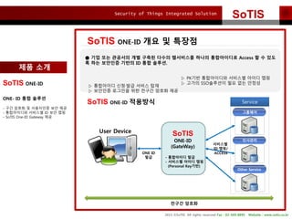 Security of Things Integrated Solution
2015 ?SoTIS All rights reserved Fax : 02-569-8895 Website : www.sotis.co.kr
SoTIS
SoTIS ONE-ID ?? ? ???
 ?? ?? ???? ?? ??? ??? ????? ??? ?????? Access ? ? ??
? ?? ???? ??? ID ?? ???.
? ????? ???? ??? ??
? ???? ???? ?? ??? ??? ??
? PK?? ?????? ???? ??? ??
? ??? SSO???? ?? ?? ???SoTIS ONE-ID
ONE- ID ?? ???
- ?? ??? ? ????? ?? ??
- ?????? ???? ID ?? ??
- SoTIS One-ID Gateway ??
SoTIS
ONE-ID
(GateWay)
- ????? ??
- ???? ??? ??
(Personal Key??)
??? ???
User Device
Service
????
????
Other Service
????
ID ??/
ACCESSONE ID
??
?? ??
SoTIS ONE-ID ????
 