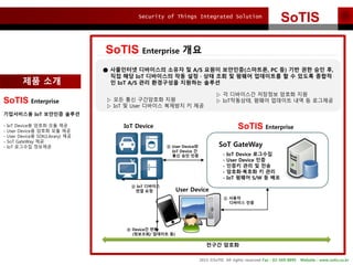 Security of Things Integrated Solution
2015 ?SoTIS All rights reserved Fax : 02-569-8895 Website : www.sotis.co.kr
SoTIS
SoTIS Enterprise ??
SoTIS Enterprise
?????? IoT ???? ???
- IoT Device? ??? ?? ??
- User Device? ??? ?? ??
- User Device? SDK(Library) ??
- SoT GateWay ??
- IoT ???? ???? SoT GateWay
IoT Device
User Device
 ???
???? ??
 IoT ????
?? ??
 User Device?
IoT Device ?
?? ?? ??
 Device? ??
(????/ ???? ?)
- IoT Device ????
- User Device ??
- ??? ?? ? ??
- ?????? ? ??
- IoT ??? S/W ? ??
 ????? ????? ??? ? A/S ??? ????(????, PC ?) ?? ?? ?? ?,
?? ?? IoT ????? ?? ??  ?? ?? ? ??? ????? ? ? ??? ???
? IoT A/S ?? ????? ???? ???
? ?? ?? ????? ??
? IoT ? User ???? ???? ? ??
? ? ????? ???? ??? ??
? IoT????, ??? ???? ?? ? ????
SoTIS Enterprise
?? ??
??? ???
 