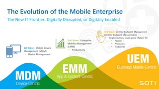 The Evolution of the Mobile Enterprise
The New IT Frontier: Digitally Disrupted, or Digitally Enabled
3rd Wave: Unified Endpoint Management
(Unified Endpoint Management)
• Single solution, single pane of glass for:
• People
• Processes
• Endpoints
1st Wave: Mobile Device
Management (MDM)
• Device Management
2nd Wave: Enterprise
Mobility Management
(EMM)
• Productivity
 
