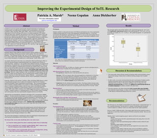 Improving the Experimental Design of SoTL Research
                                                                      Patricia A. Marsh*                                           Neena Gopalan                                               Anna Dickherber
                                                                          *For more information contact:
                                                                              patricia.marsh@park.edu


                                       Abstract                                                                                                Method                                                                                                       Results
Limitations in previous pseudo-experimentally designed Scholarship of Teaching and               Participants
Learning studies were addressed by including recent recommendations in the literature                                                                                                                                The univariate analysis showed that students in the experimental groups (M = 38.37, SD =
(LoSchiavo, Shatz, & Poling, 2008; Smith, 2008). These involved: (a) pre/post tests                                                                                                                                  4.94) significantly outperformed students in the control group (M = 23.87, SD = 6.57) by
                                                                                                 Students enrolled at a mid-sized university in the Midwest participated in one of two experimental
administered in Social Psychology (SP) courses; (b) random assignment of SP students                                                                                                                                 an average of 15 points, F(1, 71) = 112.04, p < .001, partial eta squared = .61, and observed
                                                                                                 conditions during spring 2011 as part of the department’s assessment efforts (n = 35) or were
within the same course, semester, and instructor to one of the two interventions; and (c) the                                                                                                                        power = 1.00.
                                                                                                 recruited from the department’s participant pool in fall 2011 to serve as the control group; those in
recruitment of students from a participant pool to serve as a group control (i.e., completed     the control group were reduced (from n = 44 to n = 38), because 4 had already completed a social
the same tests without having taken the course). This presentation focused on results from a     psychology course and two did not complete the exam.
50-items SP exam covering SP topics, including prejudice, aggression, attraction and
helping behavior. Students’ scores were compared between those randomly assigned to one                                               Control Group               Experimental Groups (n = 35)1
of two experimental groups (n = 35) or to a control group (n = 44). Students in the                                                  [Participant Pool]        Self-referencing      Repeated Testing
experimental conditions performed significantly higher on exam than in the control (M =                                                   (n = 38)              Written Essays           Quizzes
38.37, SD = 4.94 vs. M = 23.50, SD = 6.34); F(1, 77) = 129.72, p < .001, Partial Eta Squared
                                                                                                                                                                   (n = 18)              (n = 17)
= .63. Implications of results are discussed.
                                                                                                    Women                                 32 (84%)                            26 (74%)
                                                                                                    Employed                              17 (45%)                            25 (71%)
                    Background                                                                      Held previous degree                   2 (5%)                              6 (17%)
                                                                                                    (e.g., AA or AS)
Randolph (Randy) Smith (2008) has inspired numerous faculty members to combine their                Year in school
passion for teaching with the peer-reviewed “critical scrutiny” that exists within the
                                                                                                       FR/SO                              29 (76%)                               1 (3%)
discipline; “The Classroom Can Be a Lab, Too!” (p. 262). However, he also commented on
his 12 years as editor of the Teaching of Psychology journal that frequently “… manuscripts            JR/SR                               8 (21%)                              33 (94%)
[were] without descriptions of comparisons or control groups” (Smith, 2008, p. 263).                   Did not answer                       1 (3%)                               1 (3%)
                                                                                                     Note. 1There was no statistical difference in exam scores between the two experimental groups;
An example reflecting this observation was conducted by Marsh and Harrington (2010), in              therefore they were combined for the analyses with the control group.
which two learning strategies (experimental groups) were compared across sections of
Social Psychology. Students (N = 87) enrolled in three different semesters, but taught by the    Materials
same professor, completed either self-referenced journal writing assignments (2-3 items per
each of the four chapters) or repeated quizzes (50 items four separate times). Scores on the     Unit 3 Content & Exam 3
                                                                                                     •   Chapters from Myers 9th ed. (2008) were: Prejudice, aggression, attraction, and helping behavior.
first two exams did not differ across the two learning techniques or across the semesters; the
                                                                                                     •   50-item Exam: 45 multiple-choice and 5 true/false items.
study only addressed the first half of the textbook. Such findings might suggest that either
strategy (or classroom intervention) was effective in helping students learn about social
                                                                                                 Self-referenced Essays (20 items; a.k.a. journal entries)                                                                            Discussion & Recommendations
psychology. However, a major limitation or flaw was that lack of a control group. This and
                                                                                                     •   Five questions per chapter due once a week (same due date as the quizzes).
other SoTL studies raise the question: How are teaching faculty members to bridge the gap
between what they do within individualized “logical, deliberate … systematically” crafted                                                                                                                           • The current study, along with past research on learning within social psychology courses,
                                                                                                     •   Directions: TYPE your responses either in the journal application in Blackboard or in Word then
projects and the steps necessary to transition into the world of scholarship of teaching and                                                                                                                          has provided stronger evidence that two different learning strategies may be equally
                                                                                                         attach the file to the journal application in Blackboard. In most cases you are to use complete
learning (SoTL)?                                                                                                                                                                                                      effective.
                                                                                                         sentences when responding to the questions (unless otherwise indicated). These questions are
                                                                                                         intended to help you gain a more in-depth understanding of the course material; therefore the
Proposing solutions to this question, LoSchiavo, Shatz, and Poling (2008) discuss a variety              responses are to be at least 5 sentences long per numbered item.                                           • In other words, we are more convinced about the active involvement of students and the
of experimentally designed ways to address the limitations within the SoTL literature;                                                                                                                                repeated assessments (quizzes and journal entries) that will help them retain more
namely the shortfalls of quasi-experimental research designs. They recommend strategies              •   Sample item: Provide a definition for group-serving bias. Present two examples of group-serving              information from our classes. This greater confidence is due in a large part to the
such as randomly assigning students to two sections of online introductory psychology                    bias. How might you prevent this from occurring? Are there any techniques you have learned from              enhanced experimental rigor provided by the addition of a control group and the use
                                                                                                         Social Psychology that could aid you in recognizing and preventing this from occurring? Explain.             of random assignment for students enrolled in the same course.
classes or randomly assigning students within the same course to the different conditions.
To incorporate the comparison or control groups as urged by several in the field (e.g.,
                                                                                                 Repeated Quizzes                                                                                                   • From this experience, the authors learned that SoTL research offers more flexibility
Jackson, 2009; Smith, 2008), LoSchiavo et al. (2008) suggest that professors create wait lists
                                                                                                     •   50 items per quiz (see Marsh & Harrington, 2010 for details on the creation of these quizzes).               than traditional research designs, in which control elements can be added before, during,
or utilize “volunteer systems (i.e., participant pools)” (p. 302) as creative means of forming       •   4 quizzes within the unit; 200 items total for the unit.
such control groups when more experimentally designed controls are not feasible.                                                                                                                                      or after data are collected and analyzed from one’s courses.
                                                                                                     •   Each quiz had 20 items from the chapter being covered, and 10 items each from the other chapters in
                                                                                                         the unit. For example, the third quiz in the unit contained 20 items from the attraction chapter, and 10
Applying these recommendations, Dickherber and Dragoo (2011) incorporated a control                      items each from the remaining chapters (prejudice, aggression and helping behavior).
group (n = 36) that consisted of participants not enrolled in a social psychology course and
not exposed to the learning techniques of repeated examination or self-referencing. Their        Demographic Items and Other Self-Assessments
experimental group (only repeated quizzes) consisted of students (n = 57) enrolled in                •   Selected demographic items are displayed under Participants. Data from the other self-assessment
Social Psychology during the 2010-2011 academic year. Students in both groups completed                  measures were not presented in this particular study.
the same Exam 1 (Marsh & Harrington, 2010). Students in the experimental group                                                                                                                                          Recommendations
scored significantly higher than those in the control; large effect sizes (Cohen’s ds over
                                                                                                 Procedure
2.0) were also reported.                                                                                                                                                                                             The following are a few helpful recommendations for improving the “experimental rigor” of
                                                                                                 Experimental Groups                                                                                                 one’s teaching scholarship. The best advice is, certainly, to plan ahead and incorporate
Because there was no difference between the repeated quizzes and self-referenced journal                                                                                                                             "control/comparison conditions" before one collects data from the student population.
                                                                                                     •   By the end of the first week of class, after enrollments had stabilized, students were randomly
writing strategies in the previous (Marsh & Harringtion, 2010) research, Dickerher and                   assigned to the self-referenced written essays (journal entries) or to the repeated quizzes.
Dragoo’s findings imply that both learning strategies might be equally effective in the                  Blackboard NG9 was used to setup up these randomized groups and links to the essays or quizzes              However, Smith’s (2008) and others’ observations imply that the more practical scenario is
classroom. But such conclusions are risky given the limitations associated with quasi-                   were setup with restricted access. Students could only complete what they were randomly assigned            to plan how to insert these control elements AFTER the research has started: Here are some
experimental research designs (LoSchiavo et al., 2008).                                                  to.                                                                                                         suggestions:
                                                                                                     •   All had the same instructor, assignments, and exams.
The current study attempted to simultaneously apply the randomization and participant-pool           •   Essays or quizzes had the same due date; approximately one every 1 to 1.5 weeks.                            •Identify which “control/comparison group” options work best for your situation:
control group recommendations from LoSchiavo et al. (2008).                                          •   Exam 3 was completed in one room with all students during the second week in April.                                •Baseline
                                                                                                     •   Students received an informed statement describe that data were being collected for internal reporting
                                                                                                                                                                                                                            •Assign control group in the fall, experimental group in the spring, then reverse the
The format of the current study should help others who wish to learn:                                    purposes (e.g., accreditation and program review reports) and that some data may also be used for
                                                                                                         external purposes such as presentations or publications.                                                           pattern the second year.
                                                                                                                                                                                                                            •Assign the control and experimental groups to different sections within the same
    (a) From the wisdom gained from others conducting similar forms of scholarship;                                                                                                                                         semester.
                                                                                                 Control Group
                                                                                                     •   Flyers and announcements within the SONA system (experiment management system) were used to                        •Randomly assign students to class sections
    (c) How to expand their own “scholarly teaching (Richlin, 2001)” endeavors into                      recruit students from the participant pool. The two restrictions were 18 years or older AND never                  •Use a colleague’s course (which may be a pre-requisite for your course) as the
        the SoTL domain (as cited in Smith, 2008, p. 263); and                                           been enrolled in social psychology.                                                                                comparison group.
                                                                                                     •   Students completed all aspects of the study through an online survey-test combination. The Qualtric                •Randomly assign students (within the same course) to the different conditions.
    (e) How to initiate a more experimentally rigorous research design before, during,                   program was used to build the survey and collect the data.                                                         •Utilize convenient samples such as those from a participant pool, freshmen level
        or after their classroom (field) research is conducted.                                      •   Participants read a consent form before clicking to agree and initiate the survey-test online packet.              courses (both inside and outside your department).
                                                                                                         They received a debriefing screen when finished.
                                                                                                     •   Participants completed the same 50-item Exam 3 as the students in the Experimental groups.
 “The SoTL Commons” conference in Statesboro, GA (2012, March)
 