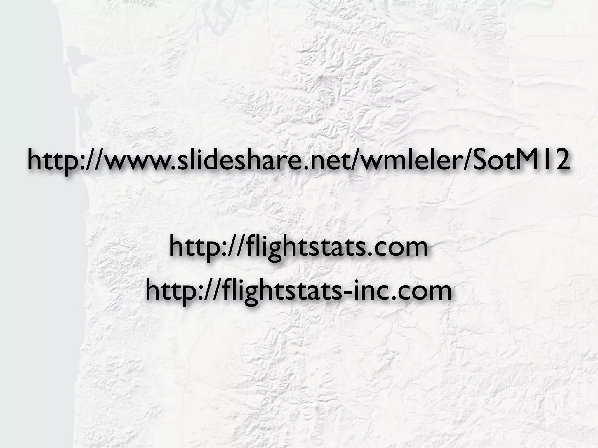 Thoughts
• There is huge demand for information
  about alternatives to Google Maps
• The Open Source community is in danger
  of losing this opportunity
 • Need an easy, all-in-one solution
 • API, maps, trafﬁc, routing, weather, etc.
 • Help switching
 