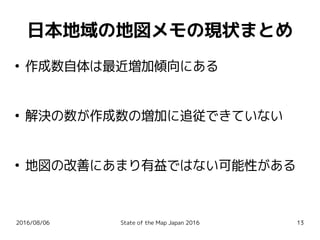 2016/08/06 State of the Map Japan 2016 13
日本地域の地図メモの現状まとめ
●
作成数自体は最近増加傾向にある
●
解決の数が作成数の増加に追従できていない
●
地図の改善にあまり有益ではない可能性がある
 